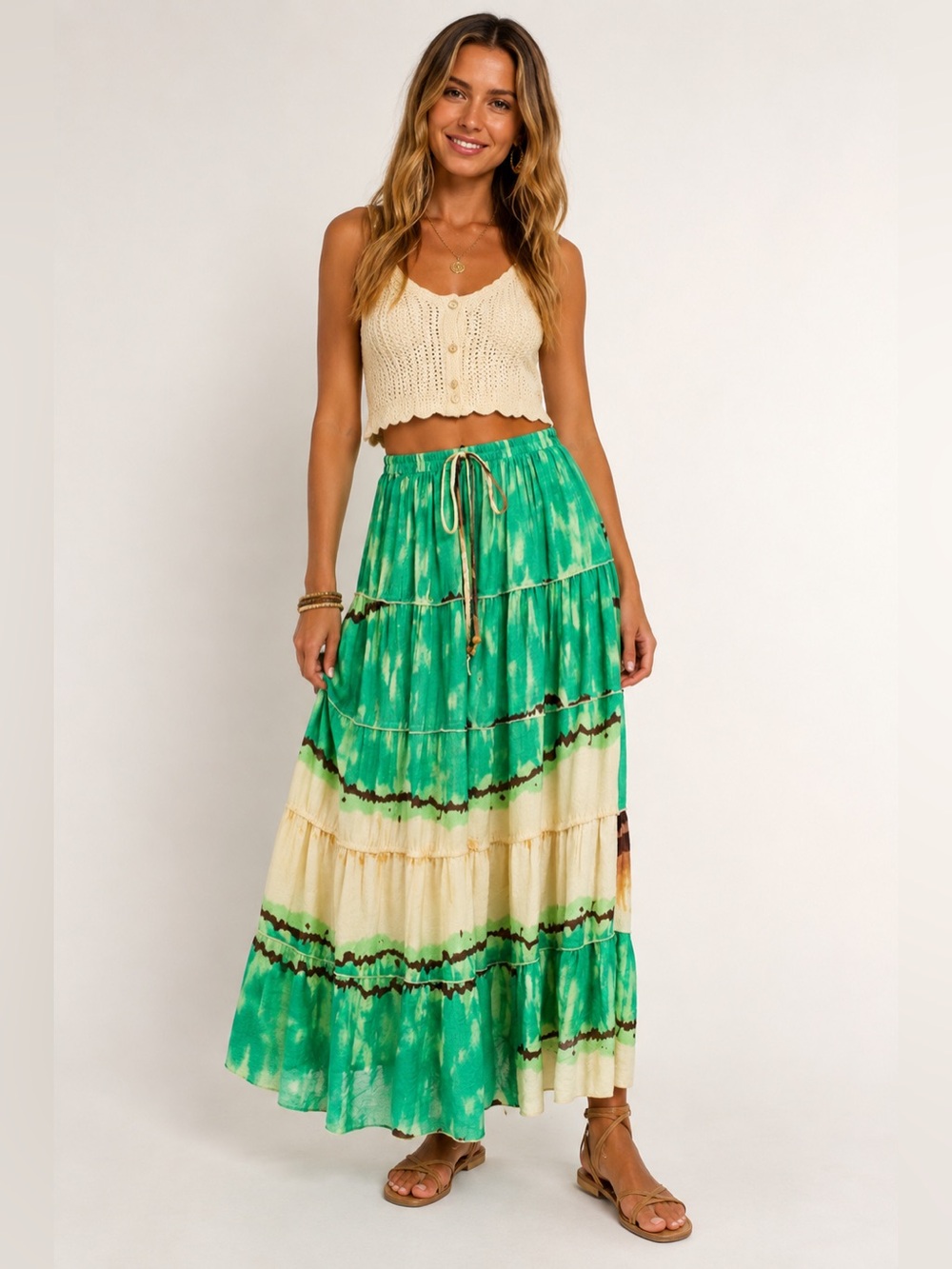 Easel Green Tie-Dye Tiered Drawstring Maxi Skirt Sz. L NWT